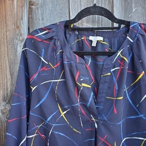 Joie Navy Abstract Splash Print Blouse with Red, Yellow & Blue Accents